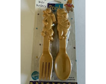 1998 Wilton Pooh & Tigger Kidz Kutlery YELLOW Plastic Ware 4 Forks  4 Spoons