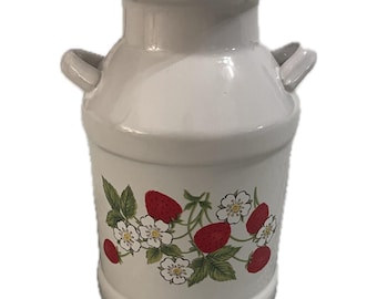 Vintage Ceramic Milk Can Jug Vase Strawberries Cottage Core Farmhouse Decor