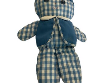 Fisher Price 1977 Cholly Dolly Blue White Gingham Plaid Boy Doll Rattle - EUC!
