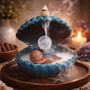 Op de afbeelding: Een blauwe keramische schelpvormige wierookbrander met een slapende zeemeerminfiguur. De brander heeft een decoratieve kegel bovenop en er stijgt rook op uit het midden. Een brandende kaars en wierookstokjes staan op de achtergrond.