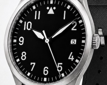Pre-Order Aviation Field Watch, Automatic Black Dial, Stainless Steel, Grey Sailcloth Strap