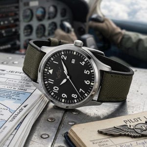 K&ouml;nnte beinhalten: Eine Armbanduhr aus Edelstahl mit schwarzem Zifferblatt, wei&szlig;en arabischen Ziffern und einem Datumsfenster auf der Drei-Uhr-Position. Die Uhr verf&uuml;gt &uuml;ber ein strukturiertes olivgr&uuml;nes Canvas-Armband und wei&szlig;e Leuchtzeiger auf einer Metalloberfl&auml;che.