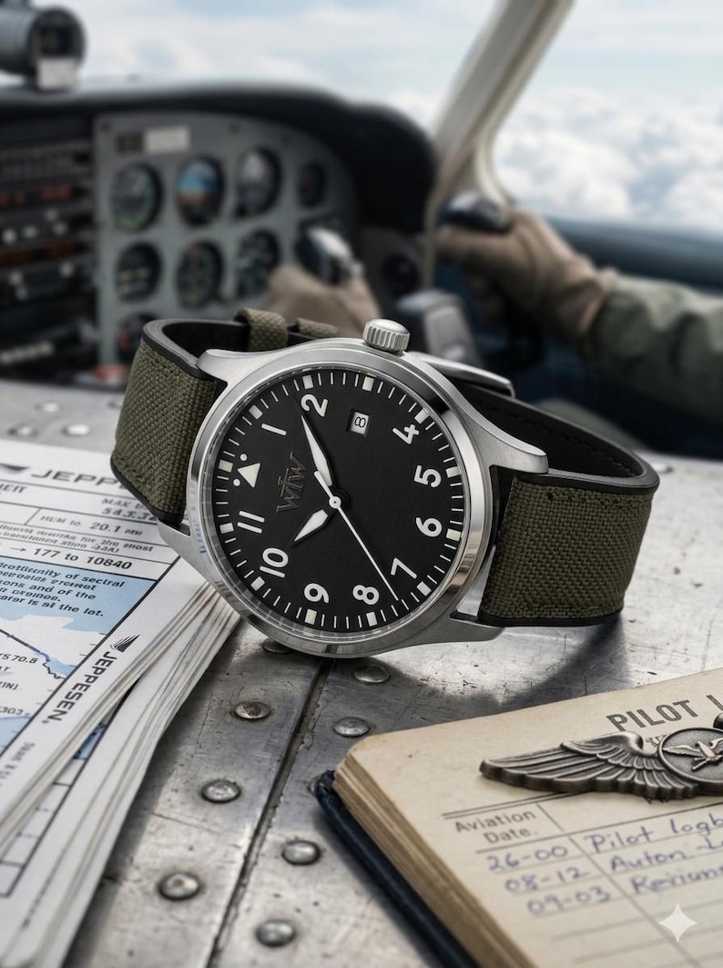 K&ouml;nnte beinhalten: Eine Armbanduhr aus Edelstahl mit schwarzem Zifferblatt, wei&szlig;en arabischen Ziffern und einem Datumsfenster auf der Drei-Uhr-Position. Die Uhr verf&uuml;gt &uuml;ber ein strukturiertes olivgr&uuml;nes Canvas-Armband und wei&szlig;e Leuchtzeiger auf einer Metalloberfl&auml;che.