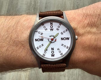 NOW Watch, White Dial, Brown Strap, Mindfulness Reminder, One Day at a Time