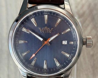 Monterey Mark I Limited, Blue Textured Automatic Watch, Brown Leather Strap, USA Assembled
