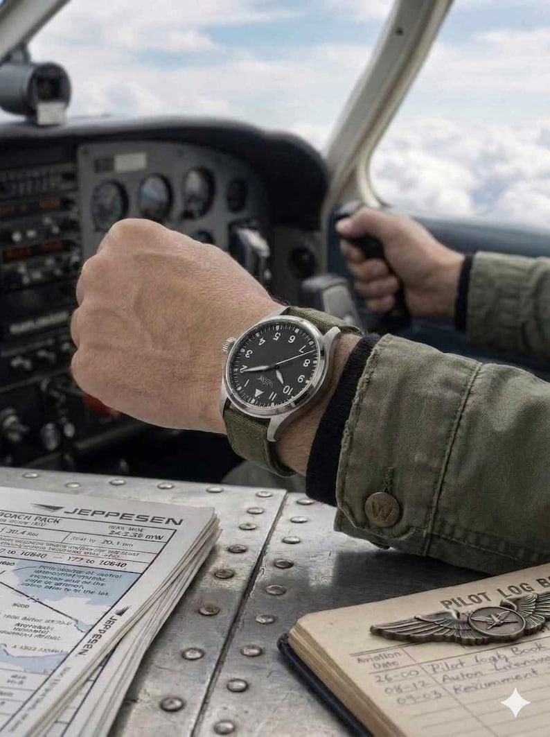 K&ouml;nnte beinhalten: Eine Armbanduhr aus Edelstahl mit schwarzem Zifferblatt, wei&szlig;en arabischen Ziffern und einem gr&uuml;nen Canvas-Armband. Die Uhr hat ein rundes Geh&auml;use und wird am Handgelenk in einem Flugzeugcockpit getragen, neben einer Jeppesen-Karte und einem Flugbuch.