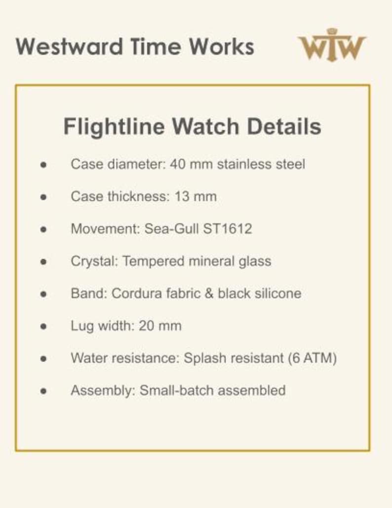 K&ouml;nnte beinhalten: Eine Produktinformationskarte f&uuml;r die Flightline-Uhr von Westward Time Works. Sie listet ein 40 mm Edelstahlgeh&auml;use, 13 mm Dicke, Sea-Gull ST1612 Uhrwerk, geh&auml;rtetes Mineralglas, ein Band aus Cordura-Gewebe und Silikon, 20 mm Bandansto&szlig;breite und 6 ATM Wasserbest&auml;ndigkeit auf.