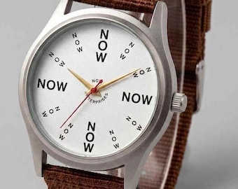 NOW Watch, White Dial, Brown Strap, Mindfulness Reminder, One Day at a Time