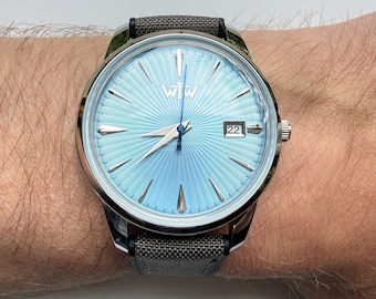 Urban Sky Ice Blue Automatic Watch, Minimalist Dress, Cordura Strap, Assembled USA