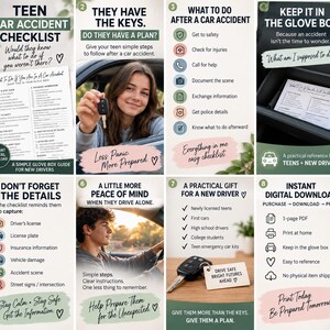 May include: A digital teen car accident checklist guide featuring eight panels with instructional text, icons, and photos of drivers. The document outlines steps to take after a collision, including safety, documentation, and information exchange for new drivers.