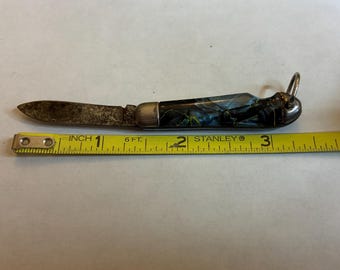 Small single blade key fob or pocket knife with blue marbleized handle.