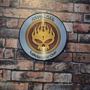 Puede incluir: Un disco de vinilo circular con el logotipo de The Offspring, que presenta una calavera estilizada y llamas en tonos dorados y marrones. El texto dice The Offspring y Conspiracy of One. El disco tiene un anillo exterior plateado.