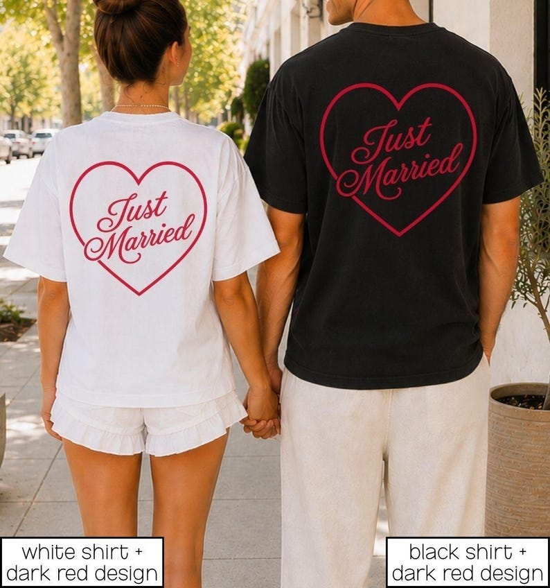 Just Married Shirts Mr and Mrs Gifts Honeymoon Outfits Matching Honeymoon Custom Couple Shirts Future Mrs Engaged Shirt, Mrs Personalized Bride Shirt | Custom Engaged Shirt, Custom Mrs Shirt, Custom Wife Shirt. Bachelorette Shirts. Custom Bachelorette Shirt. Bachelorette Party Shirts. Bride Shirt, Custom Bride, Custom Husband Wife Shirts This is a personalized getting ready outfit for wedding day or matching honeymoon outfits. Perfect for a wedding gift. It's a comfort colors 1717 shirt.