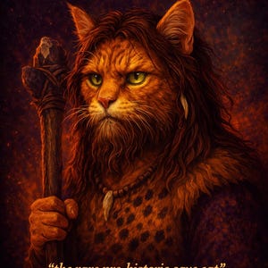 Puede incluir: Ilustración de un gato con rasgos humanos, estilizado como un habitante de las cavernas. El gato tiene pelaje naranja, ojos verdes y barba, sosteniendo un garrote. Incluye el texto "Crafty Cats Club", "the rare pre-historic cave cat" y "Roxie #15".