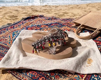 Boho Colorful Beaded Tassel Platform Sandals, Ethnic Woven Wedge Slides, Summer Beach Shoes for Women