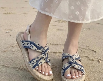 Boho Blue White Woven Espadrille Sandals, Cross Strap Slingback Platform Shoes, Summer Beach Footwear for Women