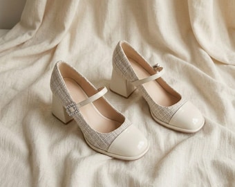 Tweed Mary Jane Heels Square Toe Block Heel Pumps Sparkling Rhinestone Buckle Shoes Elegant Office Wedding Shoes Cream Beige Dress Shoes