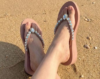Blush Pink Rhinestone Platform Flip Flops, Sparkly Wedge Thong Sandals, Summer Beach Shoes for Women
