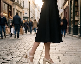 Vintage Beige Mary Jane Heels, Metal Buckle Block Heel Pumps, Retro Elegant Shoes for Women
