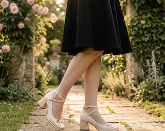 Vintage Beige Mary Jane Heels, Criss Cross Strap Bow Block Heels, Retro Elegant Shoes for Women