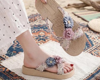 Boho Floral Cross Strap Platform Sandals, Woven Wedge Flower Slides, Summer Beach Shoes for Women
