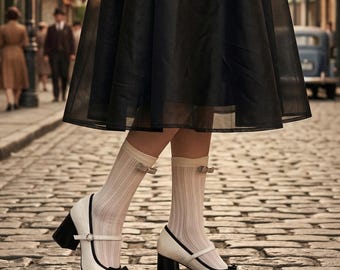 Vintage Two Tone Mary Jane Heels, Bow Pearl Block Heel Pumps, Retro Chanel Style Shoes for Women