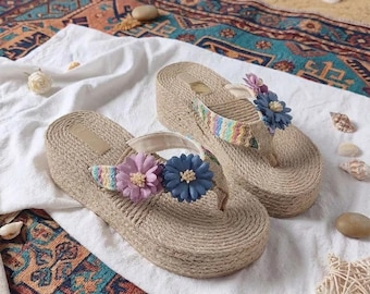 Boho Blue Pink Flower Platform Flip Flops, Woven Wedge Thong Sandals, Summer Beach Shoes for Women