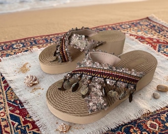 Boho Beaded Tassel Platform Sandals, Ethnic Woven Wedge Slides, Summer Beach Shoes for Women