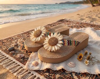 Sunflower Platform Flip Flops, Boho Woven Wedge Sandals, Summer Beach Shoes for Women