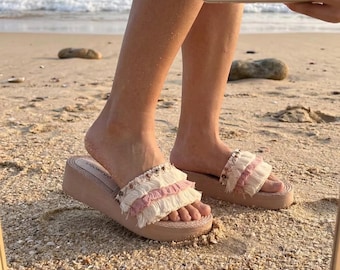 Boho Fringe Platform Slides, Pink White Woven Wedge Sandals, Summer Beach Shoes for Women