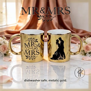 Bröllopspresent till Mr. & Mrs. • 300 g metalliskt guldfärgad kaffemugg • Förlovningspresent till par • Present till brud/brudgum • Mugg till brudparet