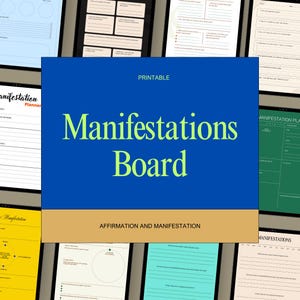 Puede incluir: Un conjunto de planificador imprimible Manifestations Board que incluye varias páginas con diversos diseños, secciones con líneas, casillas de verificación y avisos para el seguimiento de afirmaciones y manifestaciones en azul, verde, amarillo y beige.