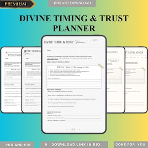 以下が含まれることがあります： 白の背景と黒いテキストの「Divine Timing & Trust Planner」というタイトルのデジタルプランナー。 プランナーには、反省、コントロールの解放、信頼の体現のためのセクションが含まれています。 画像は、タブレット上のプランナーのいくつかのページを示しています。