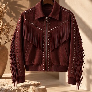May include: A deep burgundy suede jacket featuring a front zipper closure, a pointed collar, and ribbed cuffs and hem. The jacket is decorated with silver-toned metal studs along the shoulders and chest, complemented by long fringe detailing.