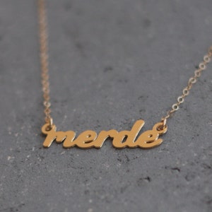 Gold Merde Necklace, Funny Word Jewelry, French Curse, Funny Necklace, French Word Necklace, Merde Jewelry, Gold Merde Charm, Merde Pendant