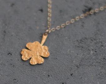 Four Leaf Clover Necklace, Gold Hammered Charm, Shamrock Necklace, Tiny Clover, Good Luck Necklace, Gold Clover Pendant, Gold Clover Jewelry