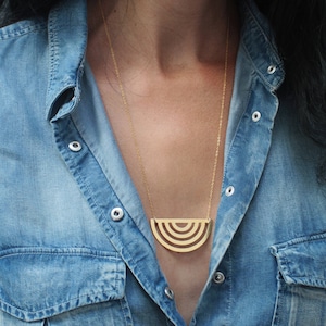 Gold Geometric Necklace, Long Necklace, Circles Necklace, Half Circle Necklace, Semi Circle Necklace, Half Moon Necklace, Art Deco Necklace