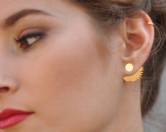 Gold Wing Ear Jacket Earrings, Double Sided Earrings, Front and Back Feather Earrings, Feather Ear Jacket, Wing Jewelry, Bird Wings Earrings