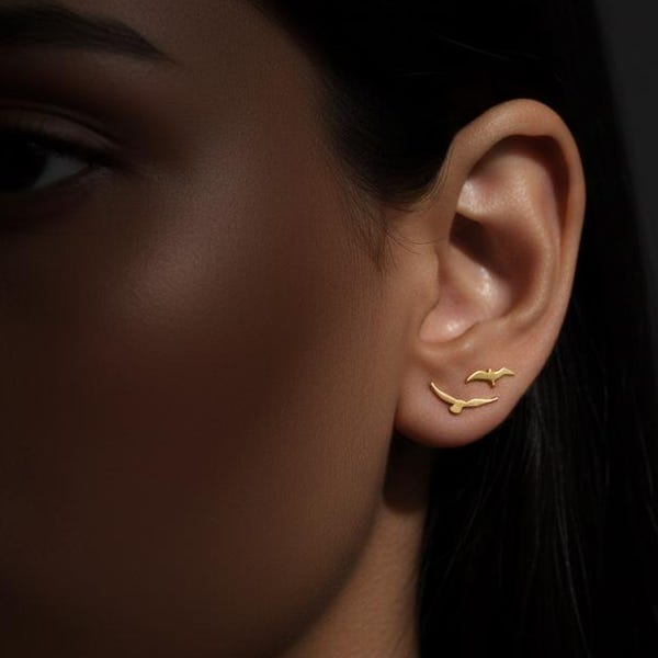 Gold Birds Studs, Birds in Flight Earrings, Asymmetrical Birds Earrings, Sparrow Earrings, Kids Earrings, Small Flying Bird Post Earrings