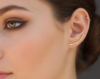 Minimal Ear Climber, Long Ear Climber, Curved Ear Climber, Ear Crawler, Gold Bar Earrings, Bar Ear Crawler, Smile Earrings, Bar Ear Climber