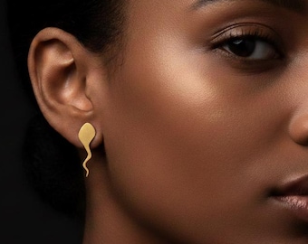 Gold Sperm Earrings,  Sperm Jewelry, Funny Gift, Adults Jewelry, Small Sperm Studs, Sex Jewelry, Sperm Silhouette