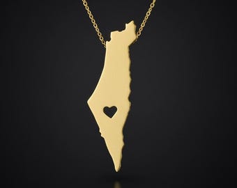 Guldhalsband med Israelkarta, I Heart Israel-berlock, Jag älskar Israel, Tillverkad i Israel, Israelsmycken, Guldhalsband med Israelkarta, Souvenir från Israel