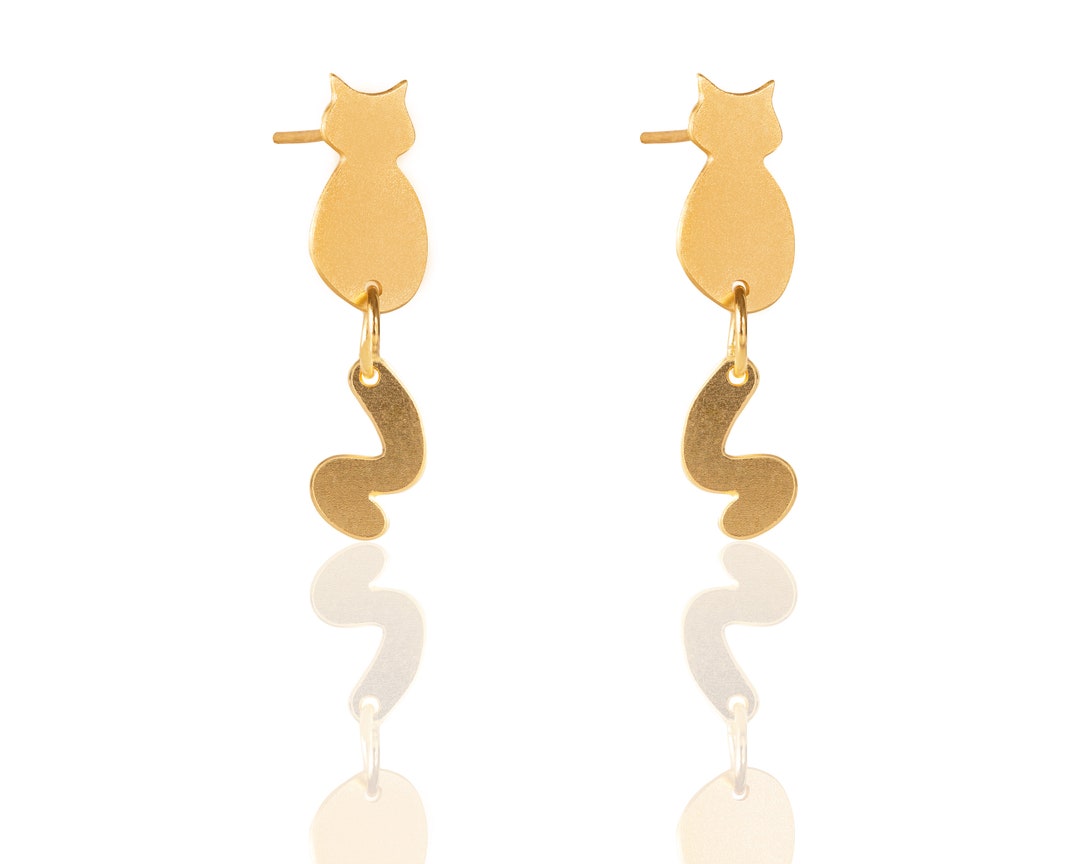 Gold Cat Earrings Cat With a Tail Jewelry Dangle Tail Cat - Etsy