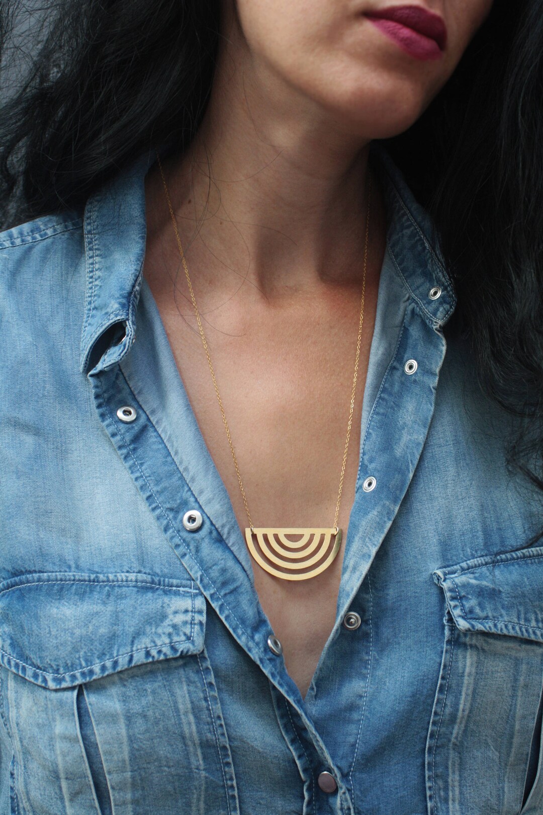 Gold Geometric Necklace Long Necklace Circles Necklace Half - Etsy