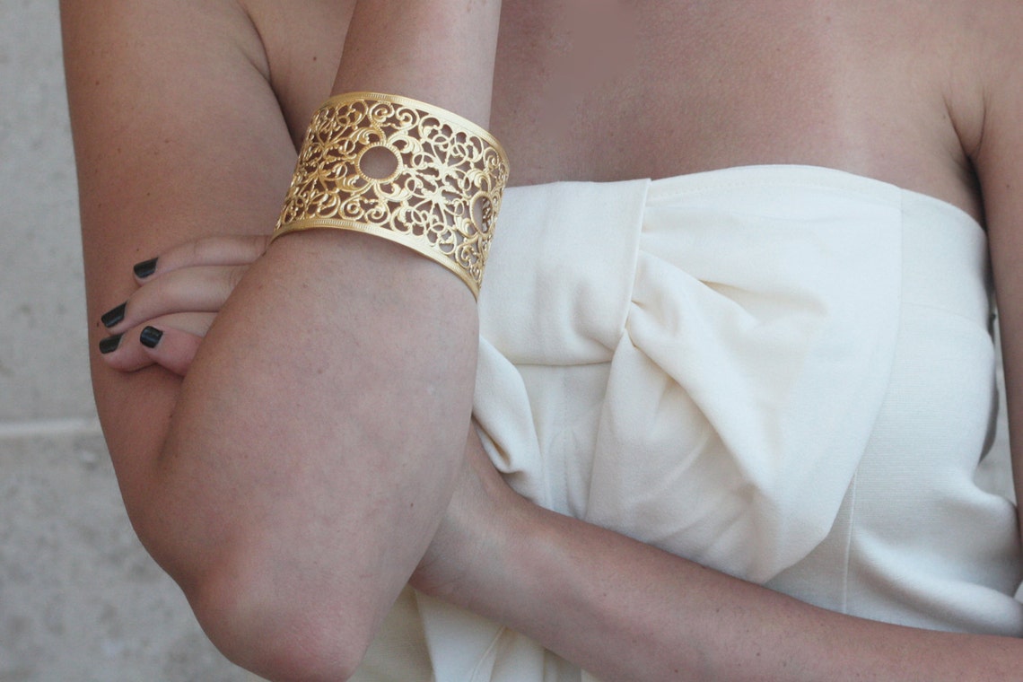 Gold Filigree Cuff Adjustable Thich Lace Bracelet Filigree Etsy