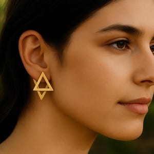 Oorbellen grote davidster, gouden driehoek oorjack, dubbelzijdige oorbel, driehoekig oorjack, davidster-oorbellen, Magen David-stekers