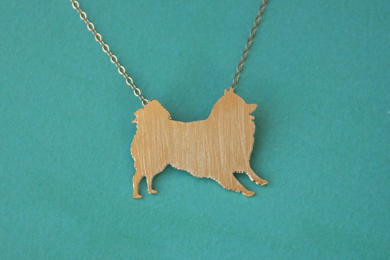 Op de afbeelding: Een zilveren ketting met een geborsteld metalen hanger in de vorm van een silhouet van een Pommeren.