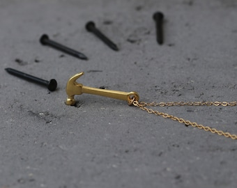 Gold Hammer Necklace, Sledge Hammer Charm, Tiny Hammer Charm, Tiny Hammer Pendant, Hammer Tool Necklace, Viking Necklace, Handywoman Gift