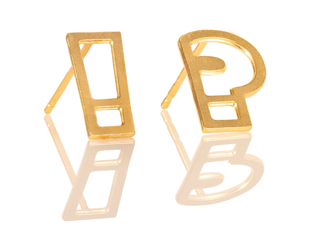 Gold Punctuation Earrings, Question and Exclamation Mark Studs, Geekery