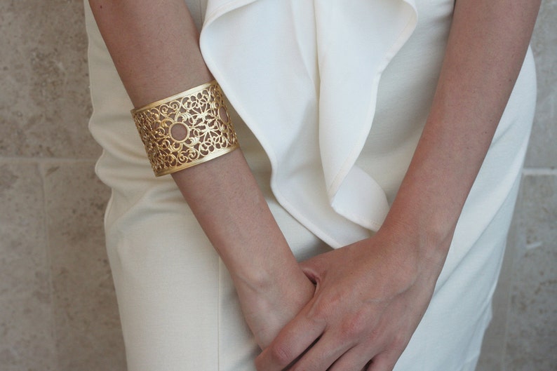 Gold Filigree Cuff Adjustable Thich Lace Bracelet Filigree Etsy